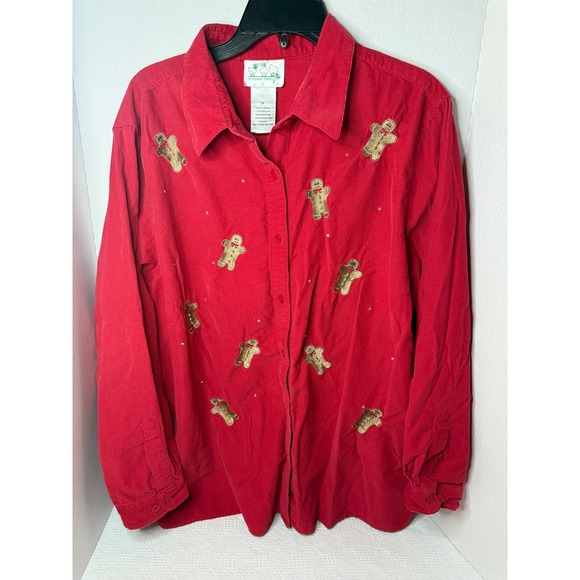 The Quacker Factory Red Corduroy Christmas Gingerbread Button Up Shirt 1X - Picture 1 of 5